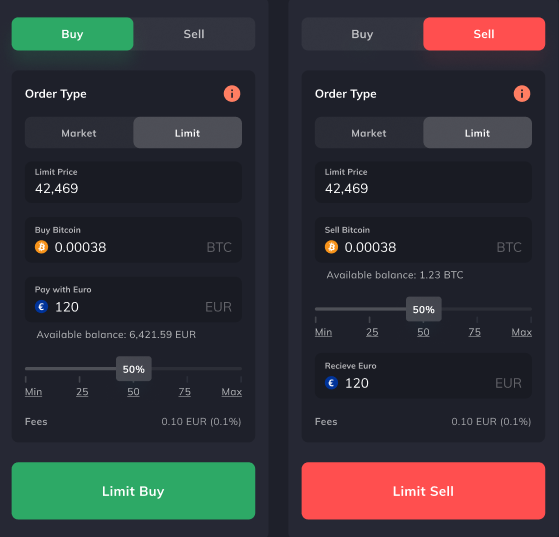 Here is an example of a BTC/EUR limit order form.